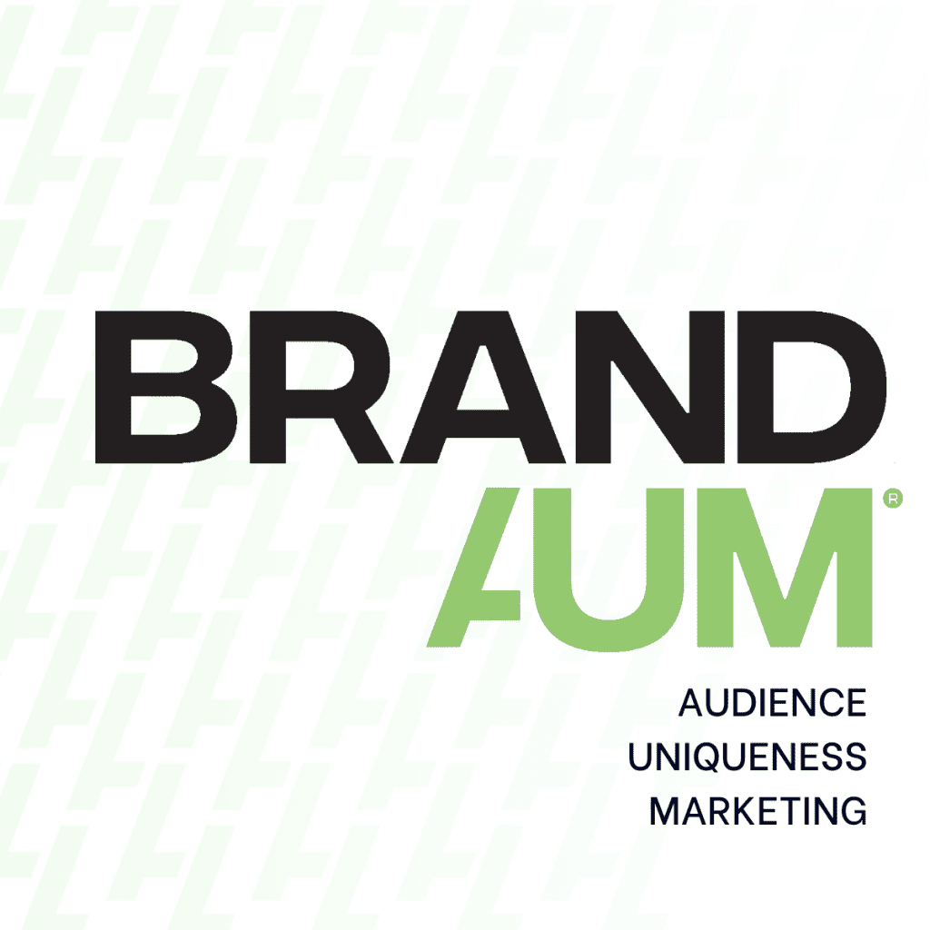 Wordmark logo of BrandAUM with text underneath reading, "Audience, Uniqueness, Marketing."