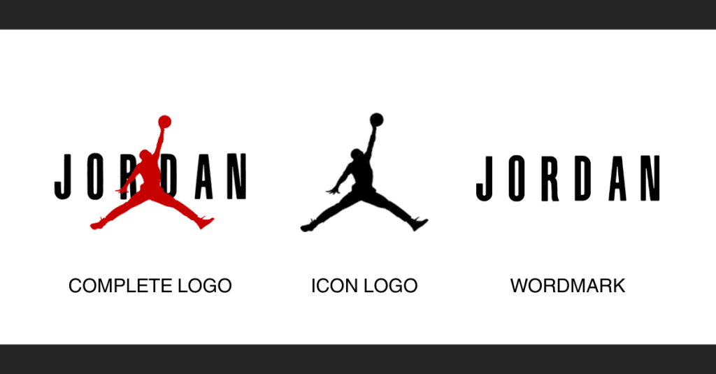 Jumpman logo examples for complete logo, icon logo, and wordmark logo.
